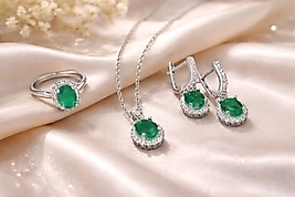 925 Ayar Gümüş Zümrüt Taşlı Takım – Kolye Küpe Yüzük Set