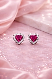 Kırmızı Kalp Işıltısı Gümüş Küpe