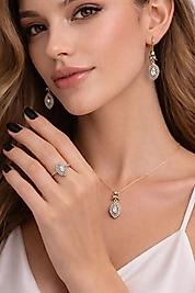 925 Ayar Gümüş Elmas Montürlü Damla Set – Kolye, Küpe ve Yüzük Takımı