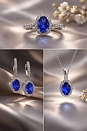 925 Ayar Gümüş Tanzanit Taşlı Set – Kolye Küpe Yüzük Takımı